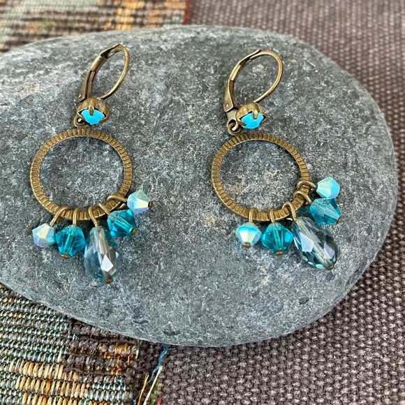 Antique Brass Turquoise colored earrings‎ Dangle - Picture 2 of 3